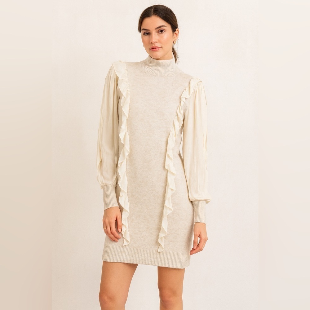 FIGARO Beige Sweater Long Sleeve Ruffle Knit Mini Dress  Quiet Luxury Size 2